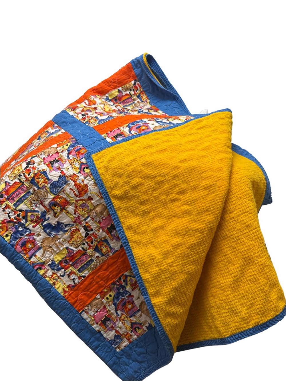 Handmade Yellow and Blue Patchwork Lap Quilt - Vibrant Home Bedding